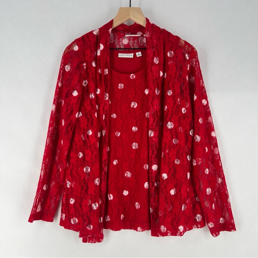 Susan Graver Red Lace White Polka Dot Scoop Neck Tank Sheer Open Cardigan‎ Set